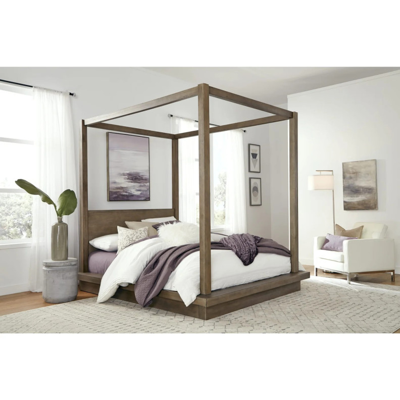 5PC Full Size Canopy Bed Set Rustic Modern Style in Dark Pine .Melbourne Collection By Modus Furniture