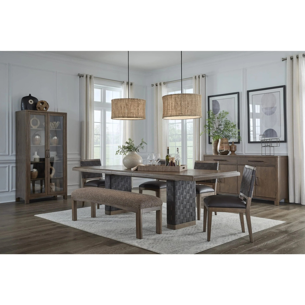 Arden 6-Piece Mid-Century Modern Dining Set – 84/102" Extending Table, 4 Upholstered Chairs & Bench by Modus Furniture
