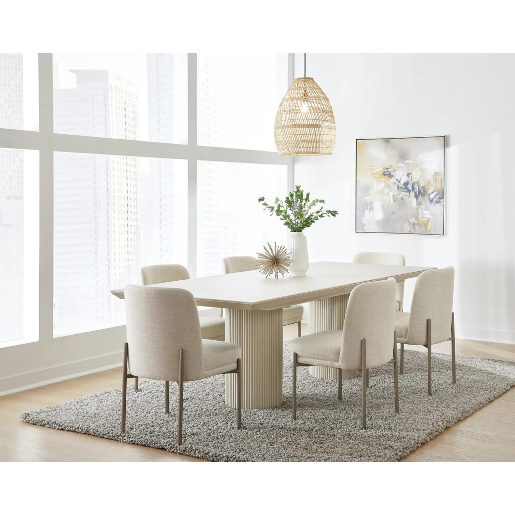 Cannon 7-Piece Contemporary Dining Set – Stone Top Double Pedestal Extension Table, 6 Chairs by Modus Furniture