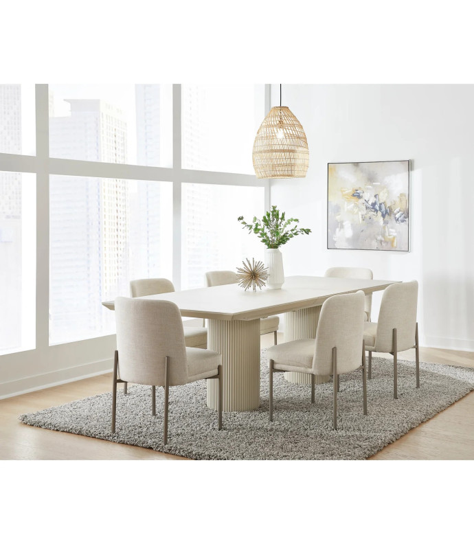 Cannon 7-Piece Contemporary Dining Set – Stone Top Double Pedestal Extension Table, 6 Chairs by Modus Furniture