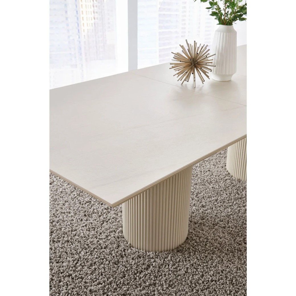 Cannon 7-Piece Contemporary Dining Set – Stone Top Double Pedestal Extension Table, 6 Chairs by Modus Furniture