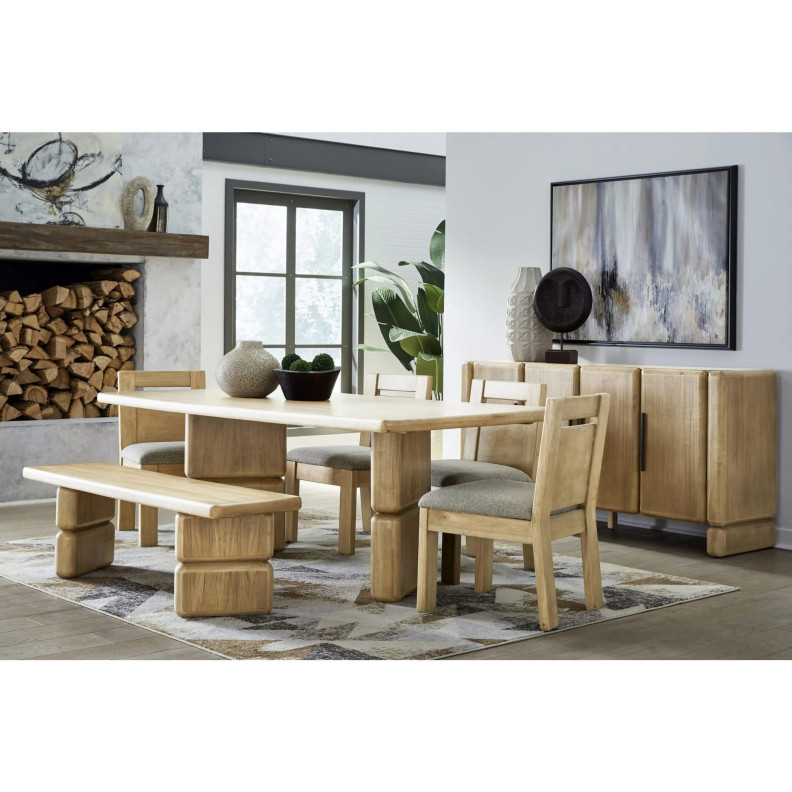 Nia 6-Piece Transitional Dining Set – Rectangular Acacia Wood Table, 4 Chairs & Bench, Lioness Finish by Modus Furniture