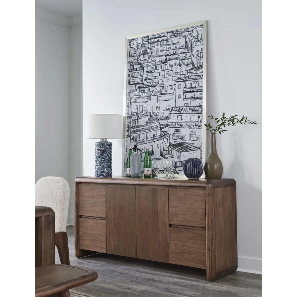 Xolani 6-Piece Dining Set – Acacia Wood Table, 4 Upholstered Chairs & Bench | Modus Furniture