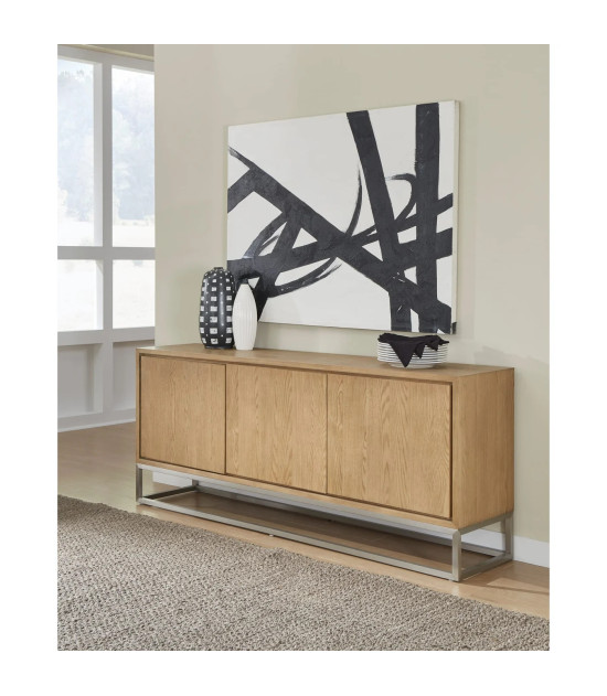 Modern Coastal Sideboard – White Oak Finish with Brushed Stainless Steel Base By Modus Furniture