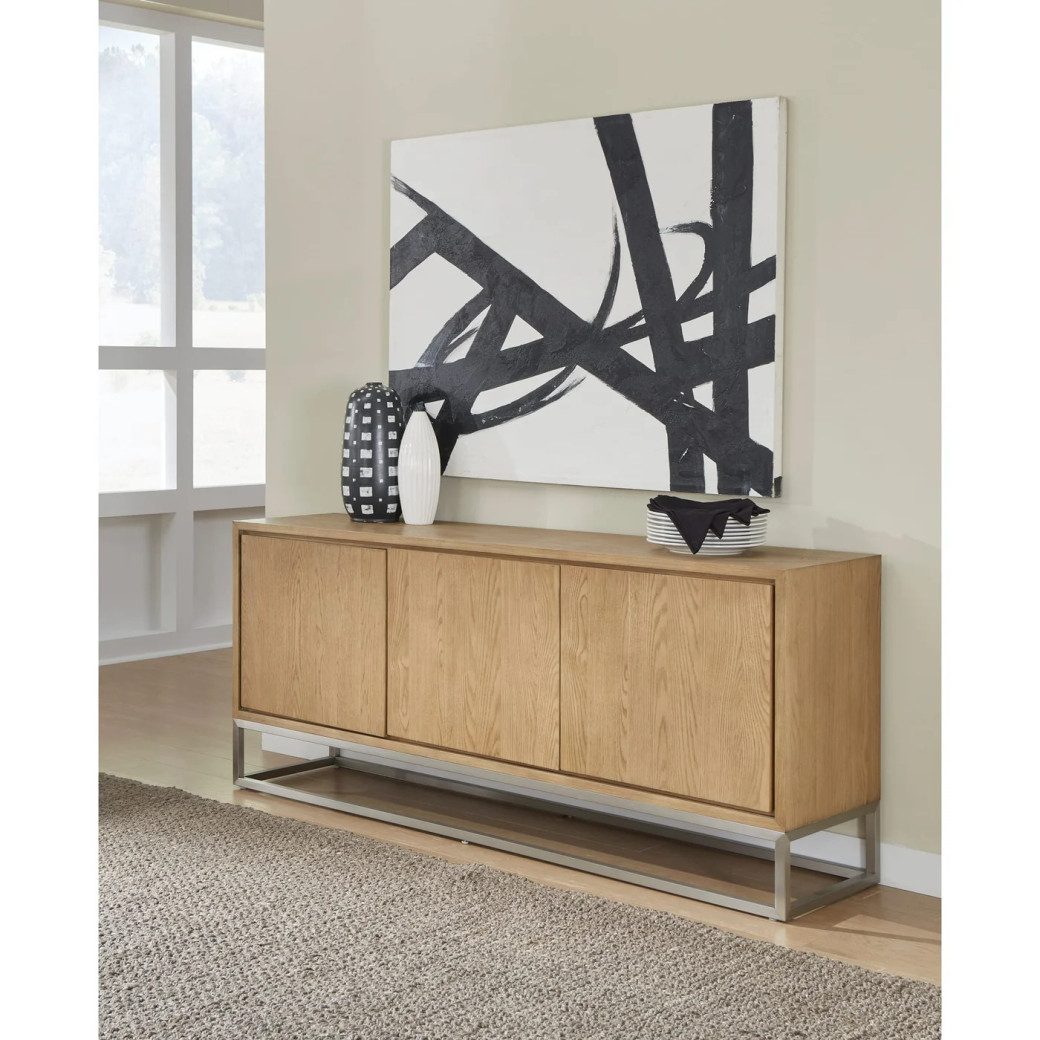 Modern Coastal Sideboard – White Oak Finish with Brushed Stainless Steel Base By Modus Furniture