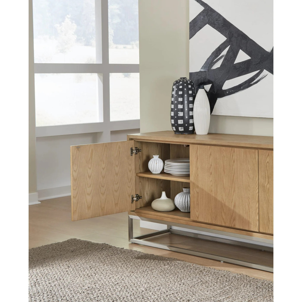 Modern Coastal Sideboard – White Oak Finish with Brushed Stainless Steel Base By Modus Furniture