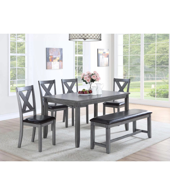F2548 Gray 6-Piece Dining Table Set with 4 Chairs & Bench by Poundex Furniture