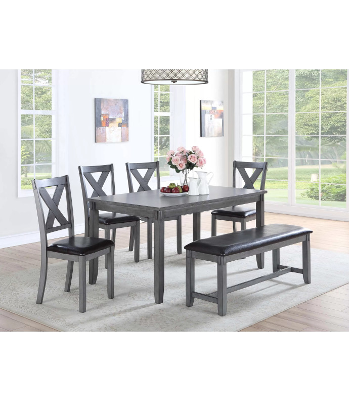 F2548 Gray 6-Piece Dining Table Set with 4 Chairs & Bench by Poundex Furniture