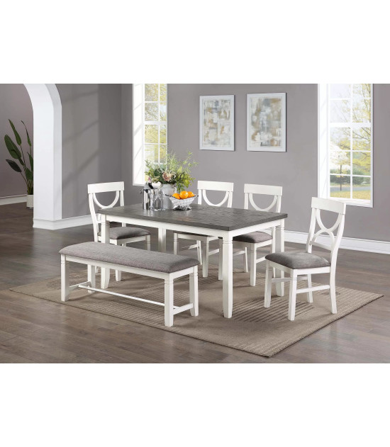F2562 White 6-Piece Dining Table Set with 4 Chairs & Bench by Poundex Furniture