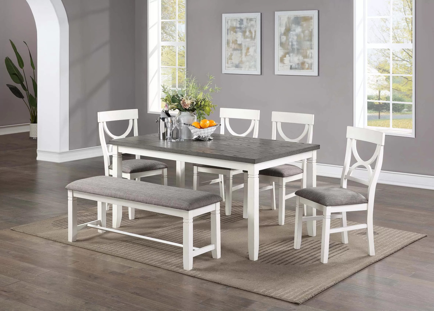 F2562 White 6-Piece Dining Table Set with 4 Chairs & Bench by Poundex Furniture