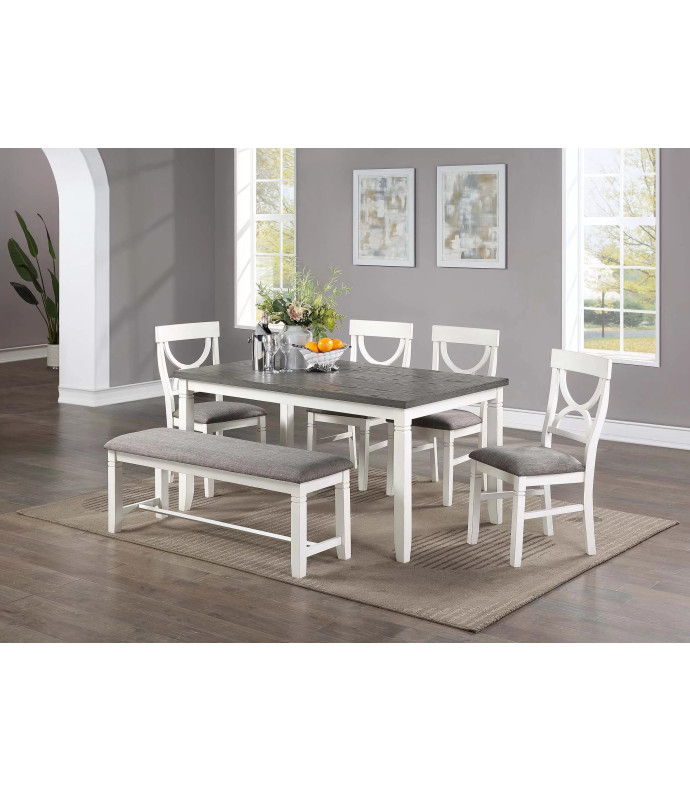 F2562 White 6-Piece Dining Table Set with 4 Chairs & Bench by Poundex Furniture