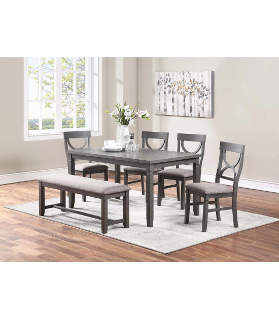 F2563 Gray 6-Piece Dining Table Set with 4 Chairs & Bench by Poundex Furniture