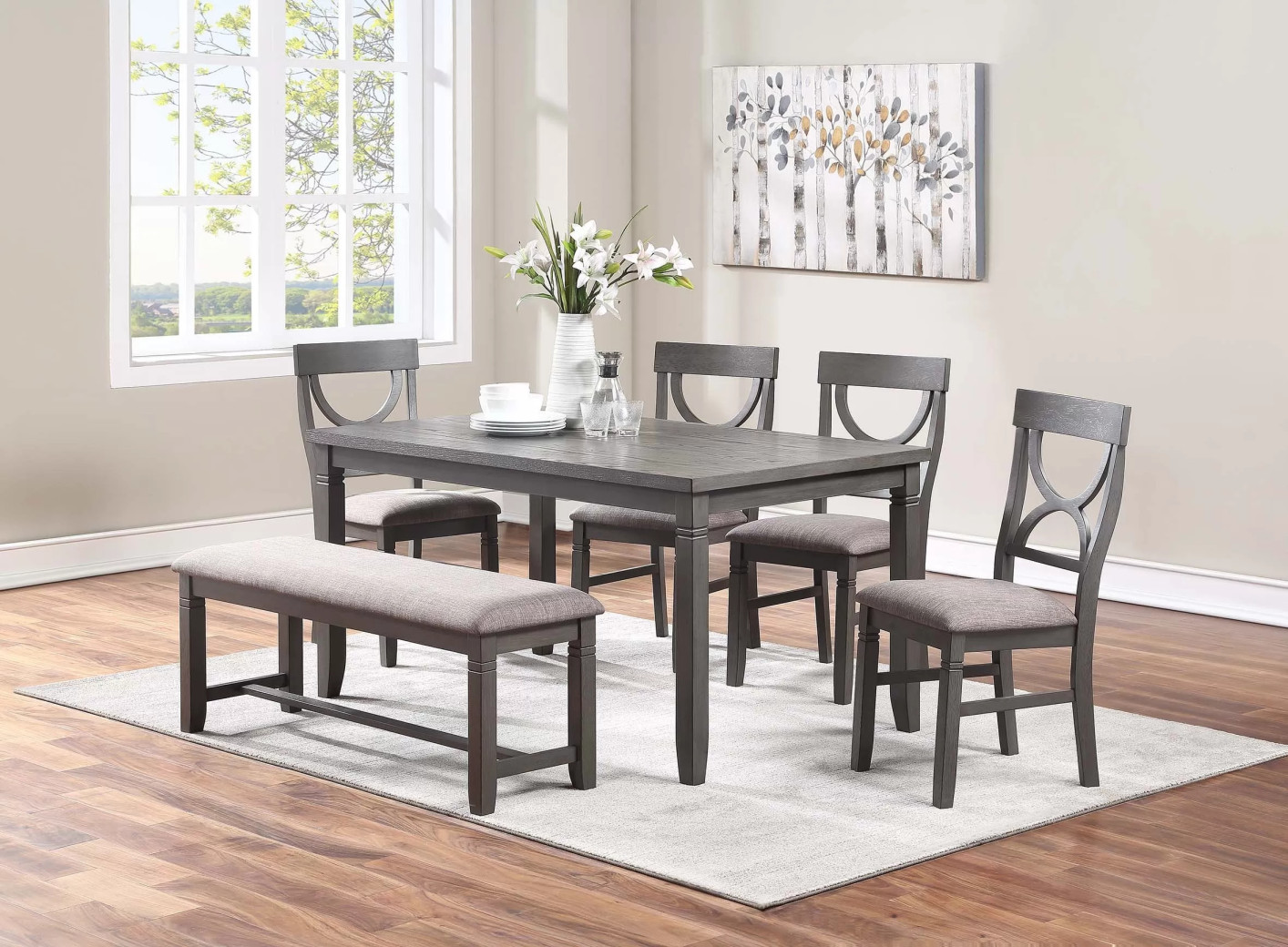 F2563 Gray 6-Piece Dining Table Set with 4 Chairs & Bench by Poundex Furniture
