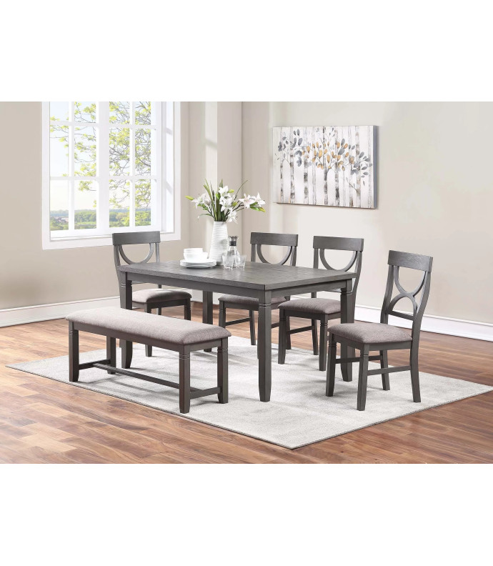 F2563 Gray 6-Piece Dining Table Set with 4 Chairs & Bench by Poundex Furniture