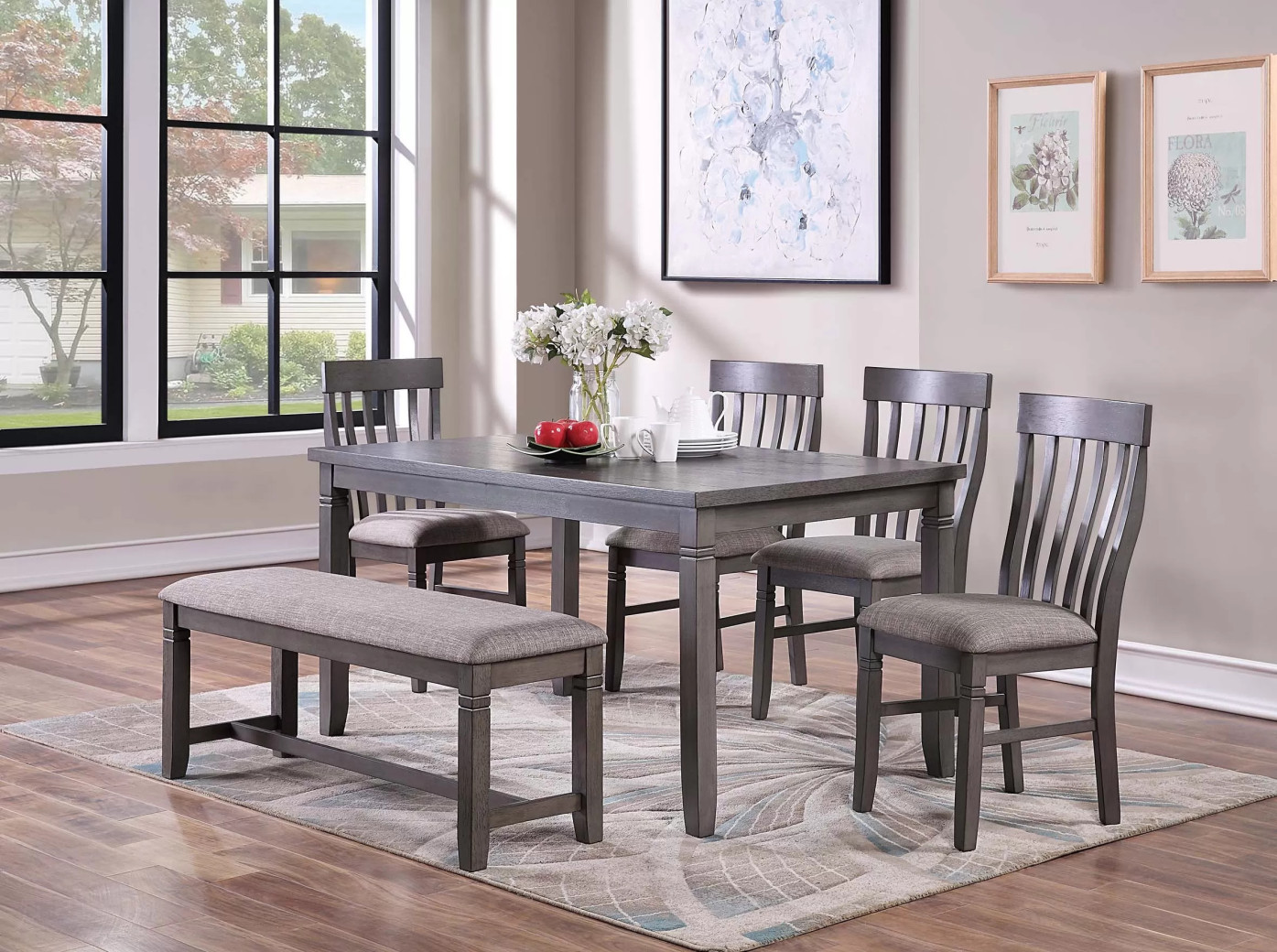 F2605 6-Piece Dining Table Set with 4 Chairs & Bench by Poundex Furniture