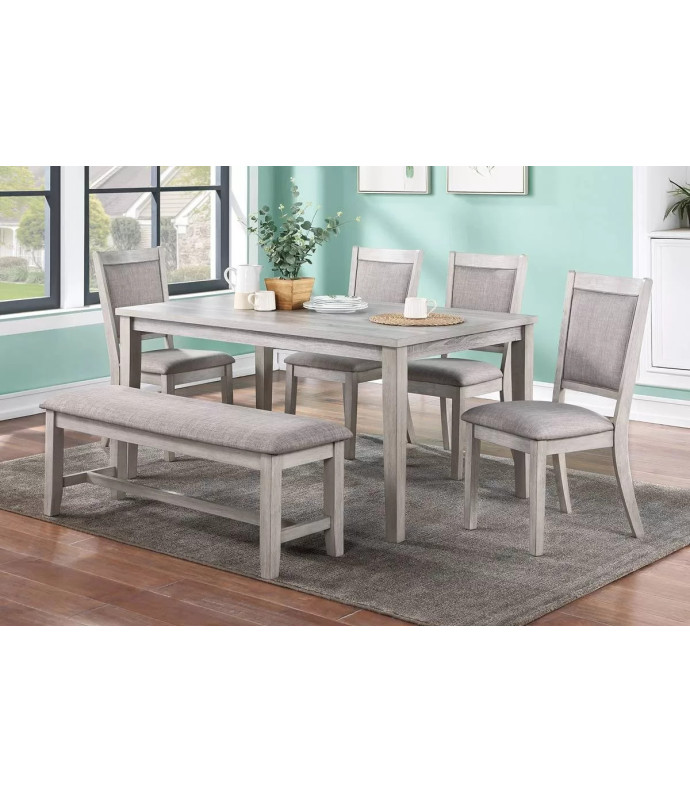 F2606 Gray 6-Piece Dining Table Set with 4 Chairs & Bench by Poundex Furniture