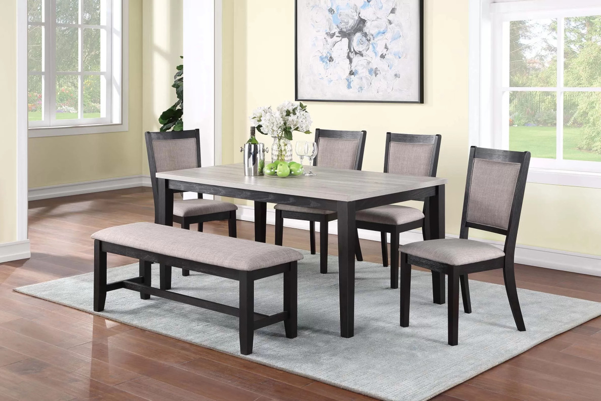 F2607 Espresso 6-Piece Dining Table Set with 4 Chairs & Bench by Poundex Furniture