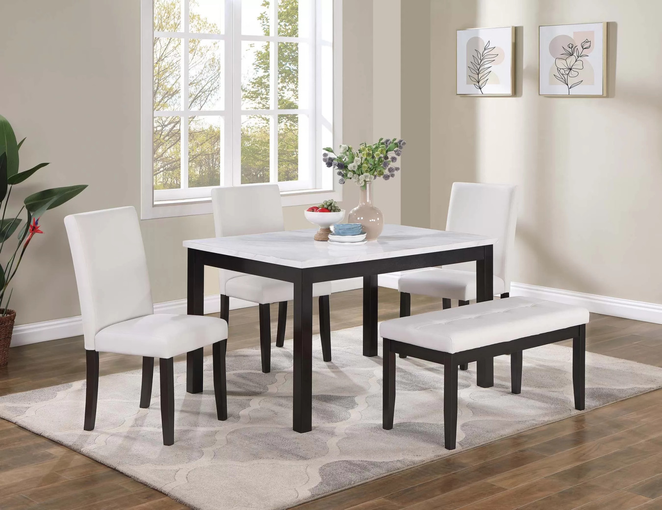 F2616 White 5-Piece Dining Table Set with 3 Chairs & Bench by Poundex Furniture