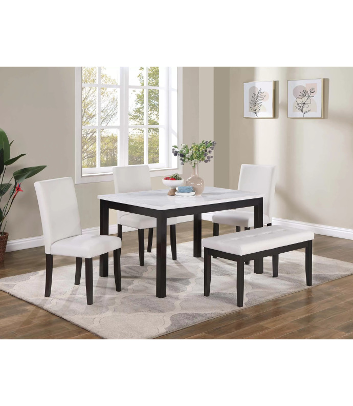 F2616 White 5-Piece Dining Table Set with 3 Chairs & Bench by Poundex Furniture