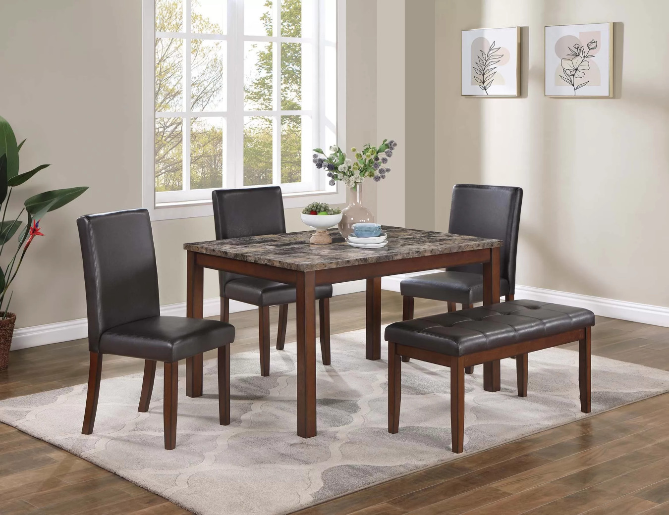F2614 Espresso 5-Piece Dining Table Set with 3 Chairs & Bench by Poundex Furniture