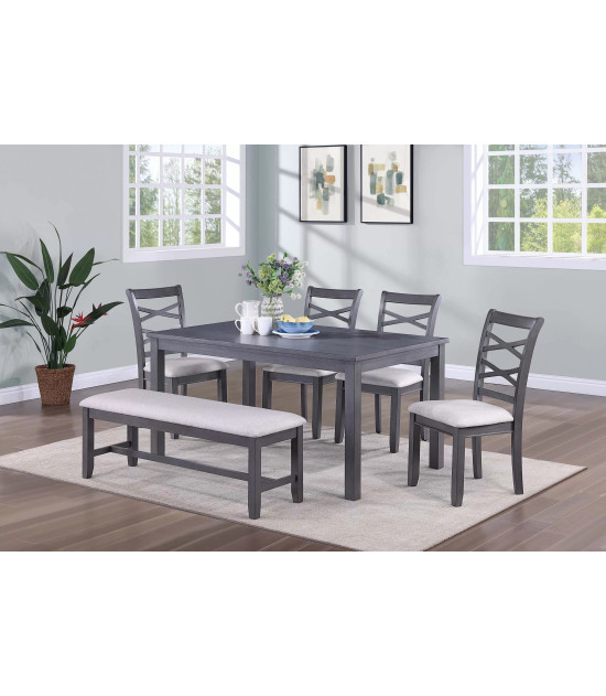 F2623 Gray 6-Piece Dining Table Set with 4 Chairs & Bench by Poundex Furniture