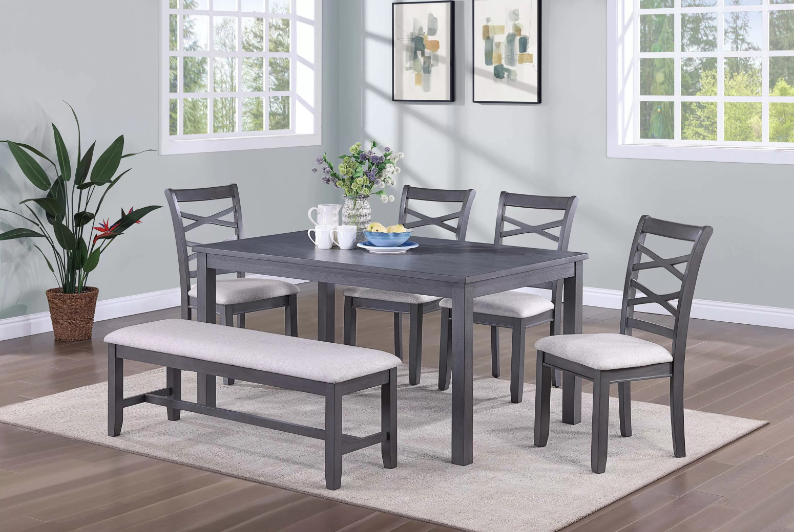 F2623 Gray 6-Piece Dining Table Set with 4 Chairs & Bench by Poundex Furniture
