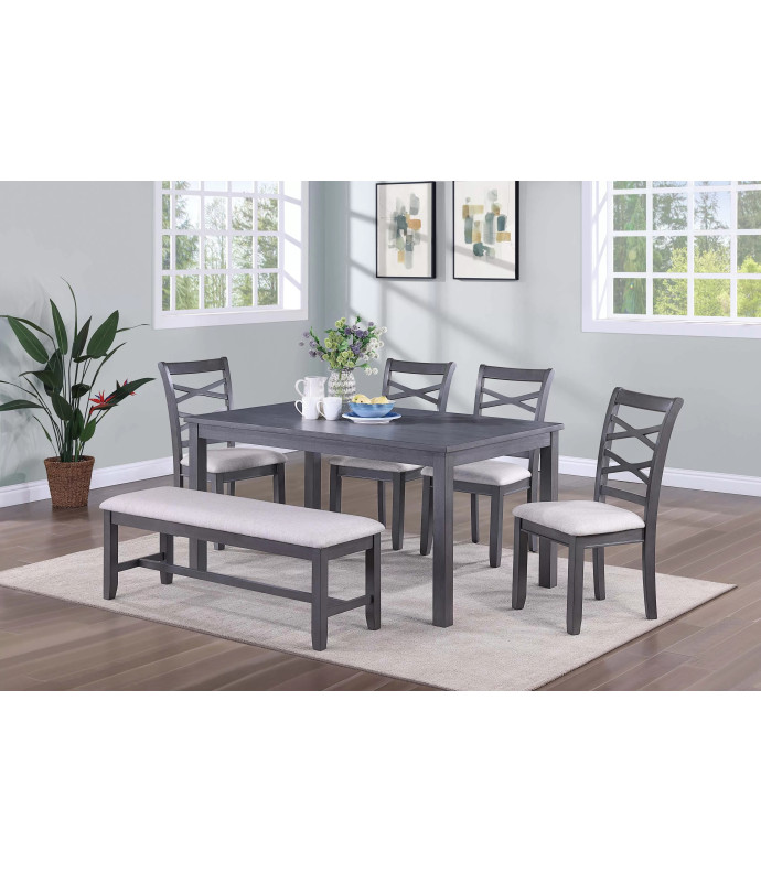 F2623 Gray 6-Piece Dining Table Set with 4 Chairs & Bench by Poundex Furniture
