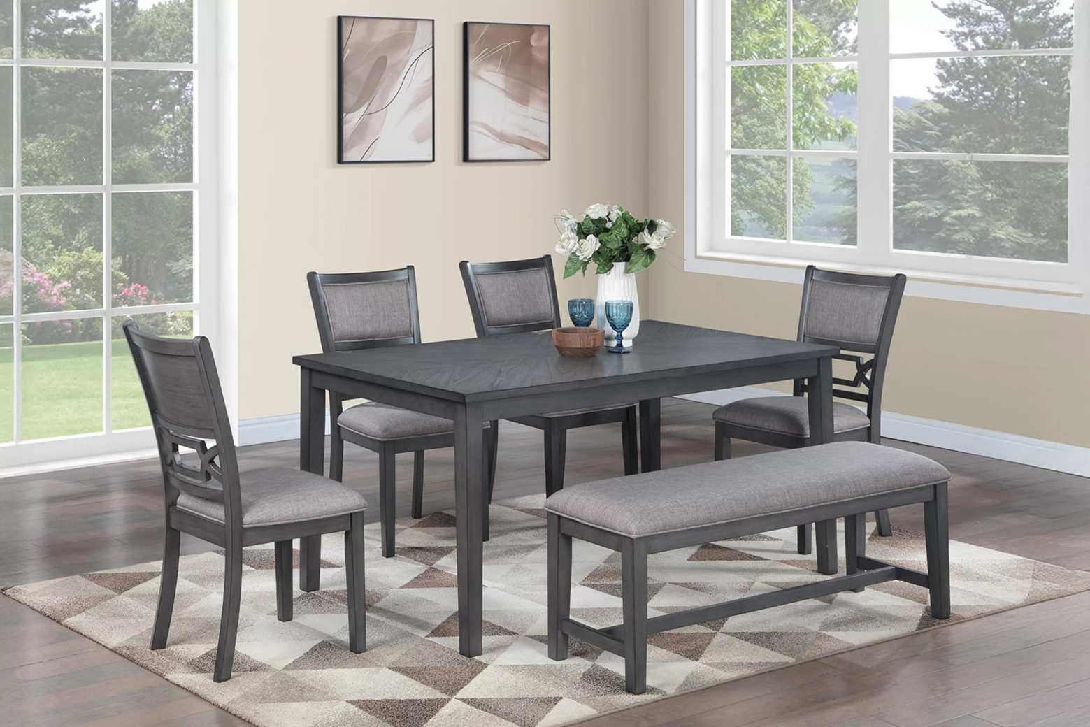 F2634 6-Piece Dining Table Set with 4 Chairs & Bench by Poundex Furniture