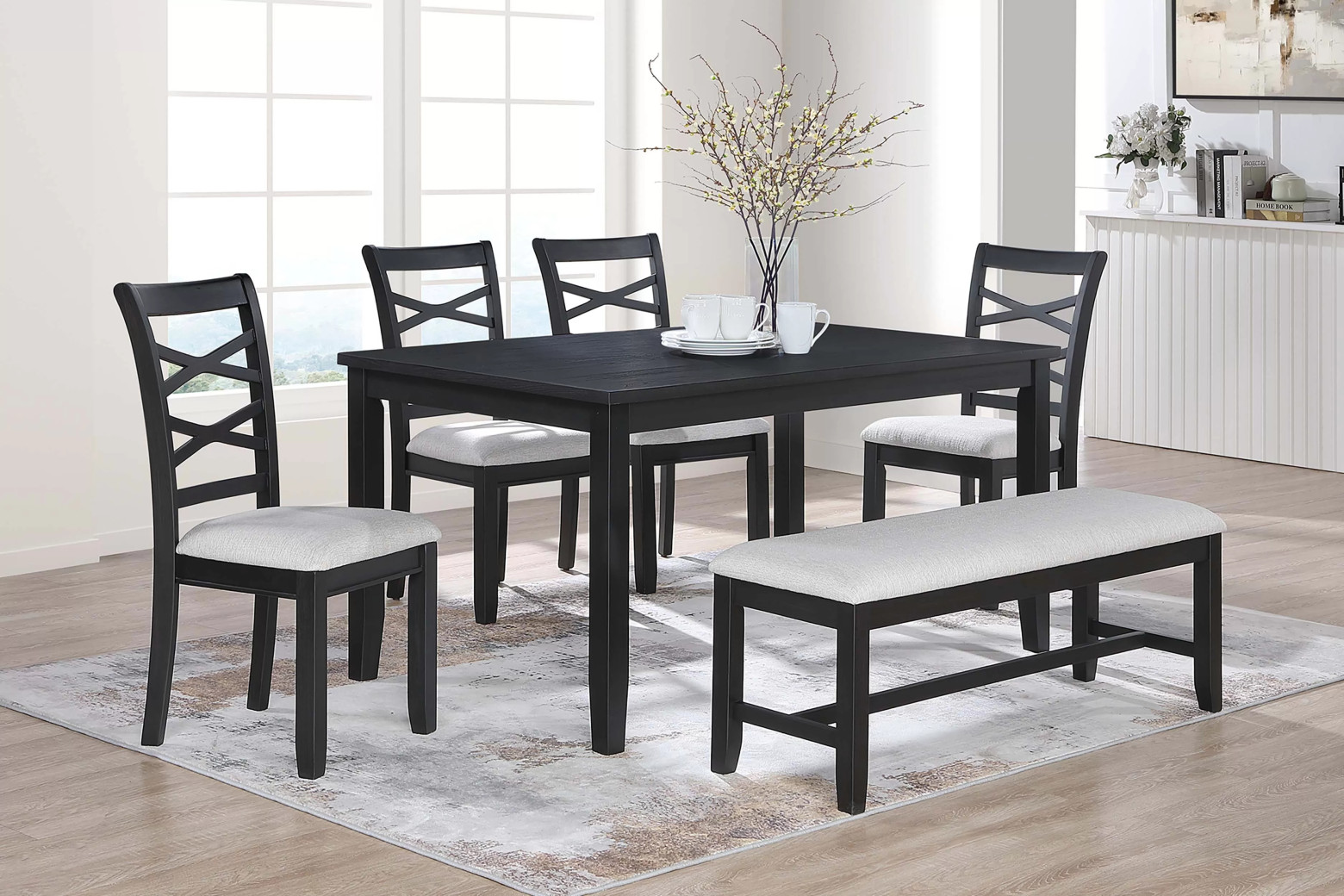 F2637 Charcoal 6-Piece Dining Table Set with 4 Chairs & Bench by Poundex Furniture