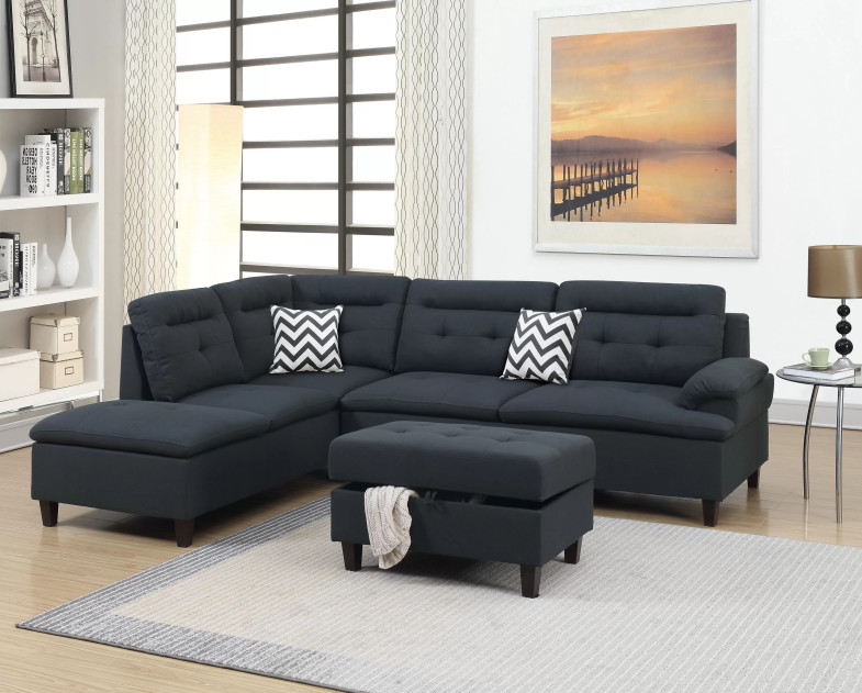F6588 Black 3-Piece Sectional Sofa with Ottoman | Poundex Furniture Phoenix AZ