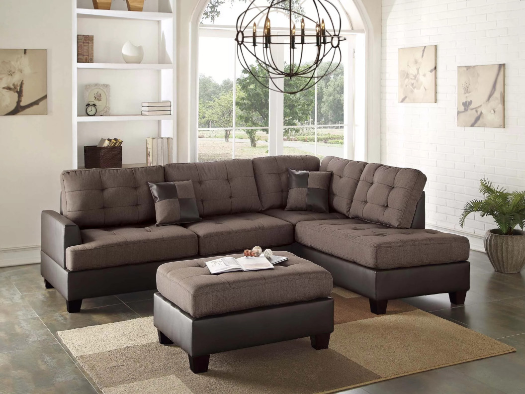 F6857 3-Piece Reversible Sectional Sofa Set with Ottoman – Contemporary Style by Poundex Furniture