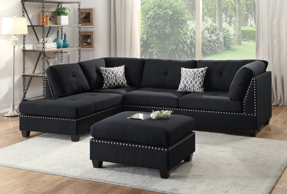 F6974 Black Sectional Sofa with Ottoman | Poundex Furniture Phoenix AZ