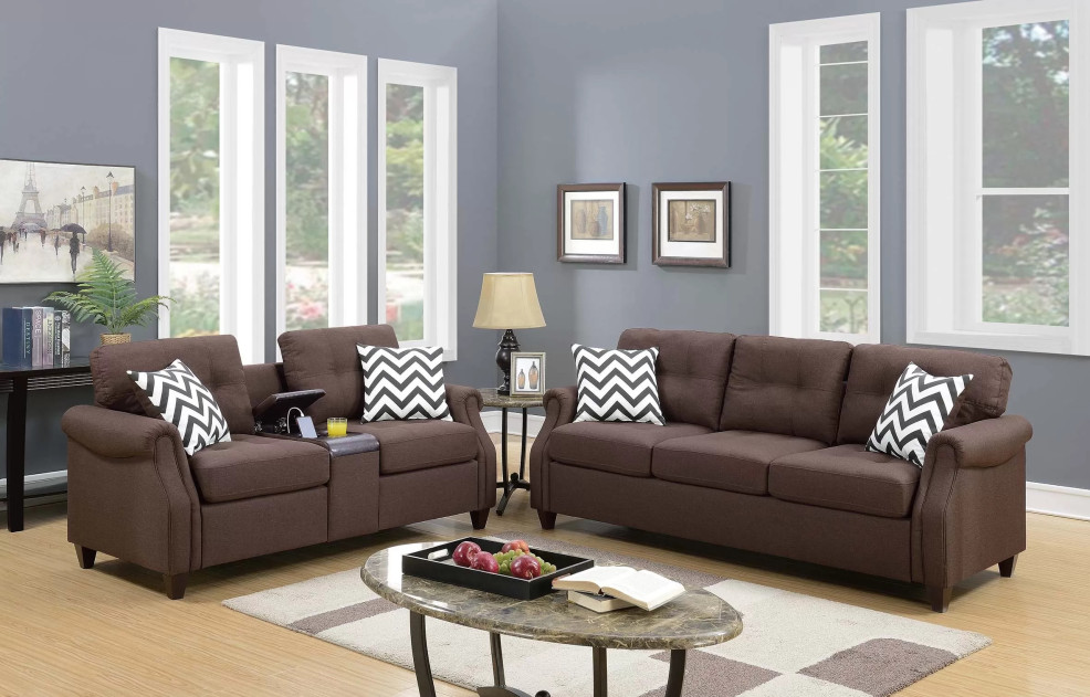 F6413 Dark Coffee 2-Piece Sofa & Loveseat Set with USB Console by Poundex Furniture | Phoenix AZ