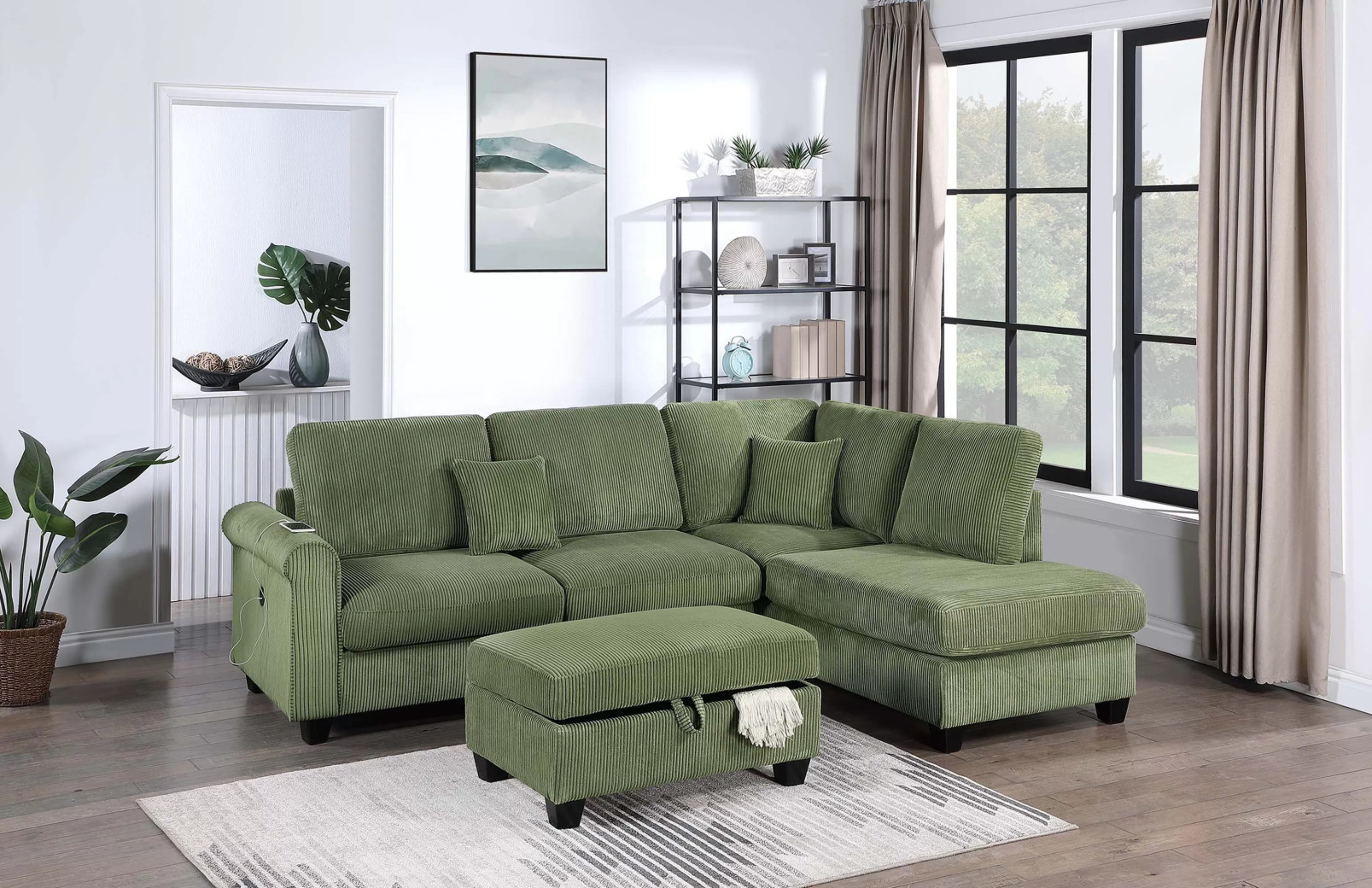 F8454 3-Piece Sectional Sage Color RAF Chaise + LAF Sofa W/ USB Port + Storage Ottoman