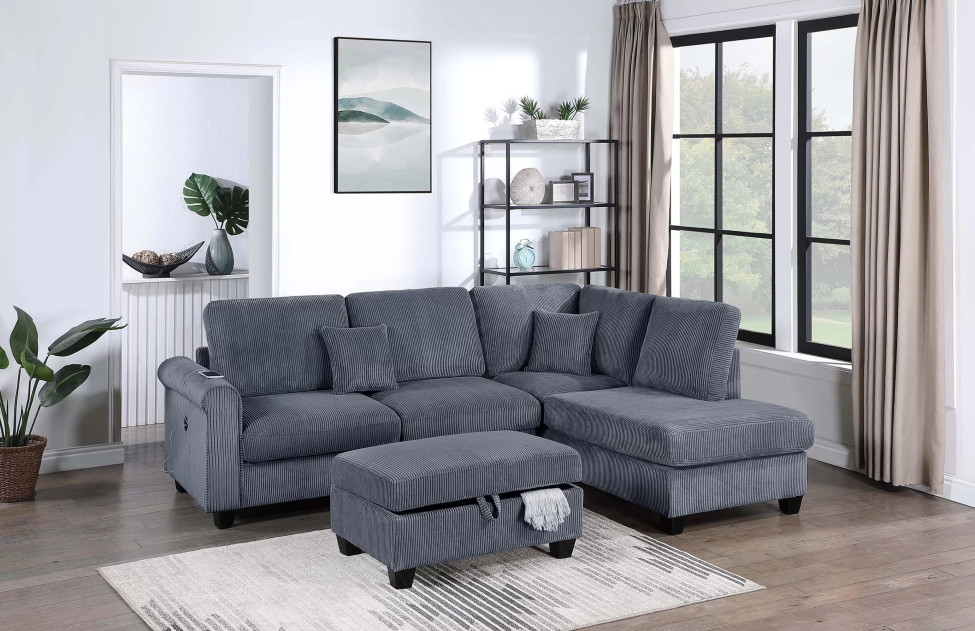F8453 3-Piece Sectional Gray RAF Chaise + LAF Sofa W/ USB Port + Storage Ottoman