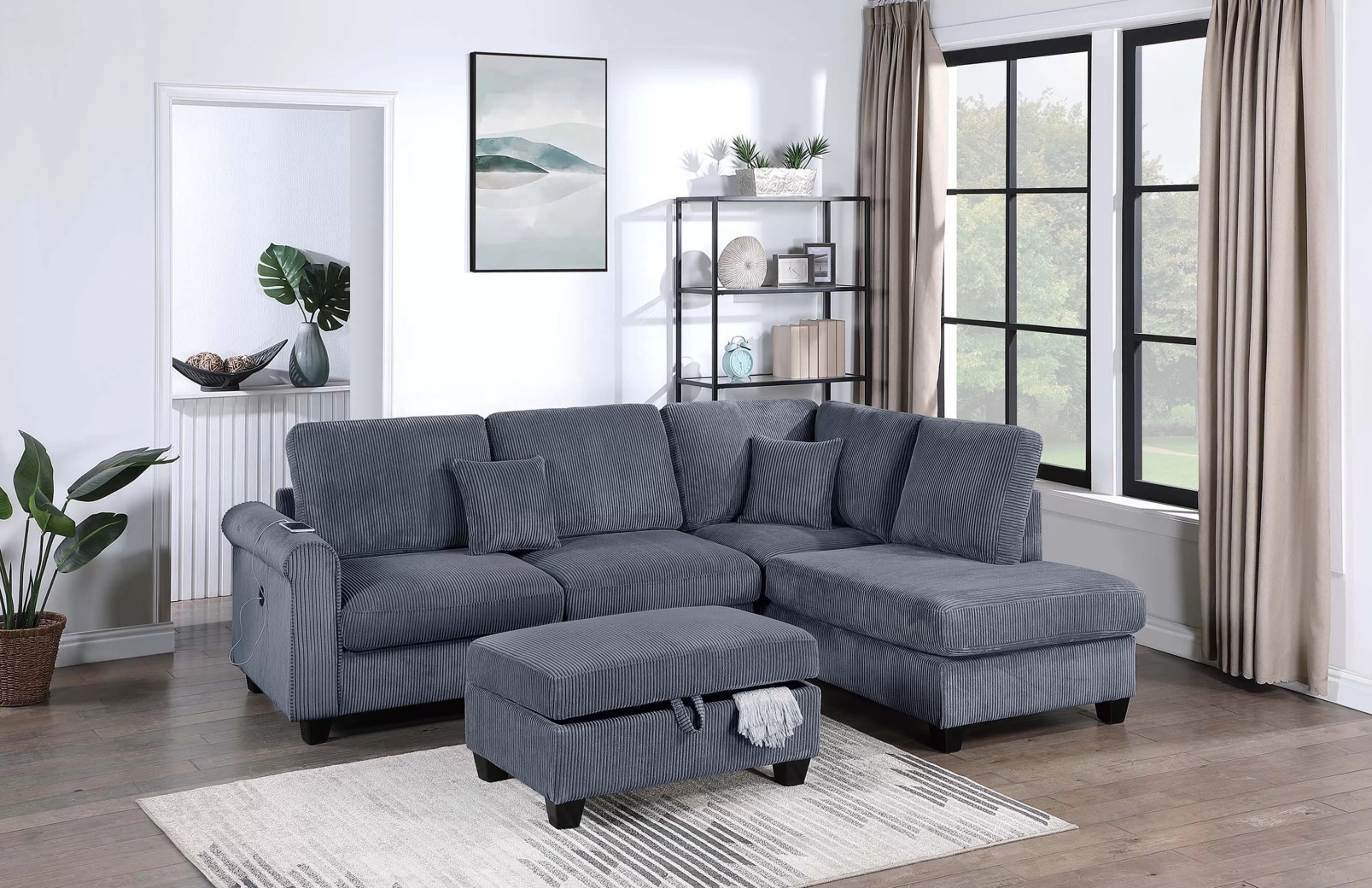 F8453 3-Piece Sectional Gray RAF Chaise + LAF Sofa W/ USB Port + Storage Ottoman