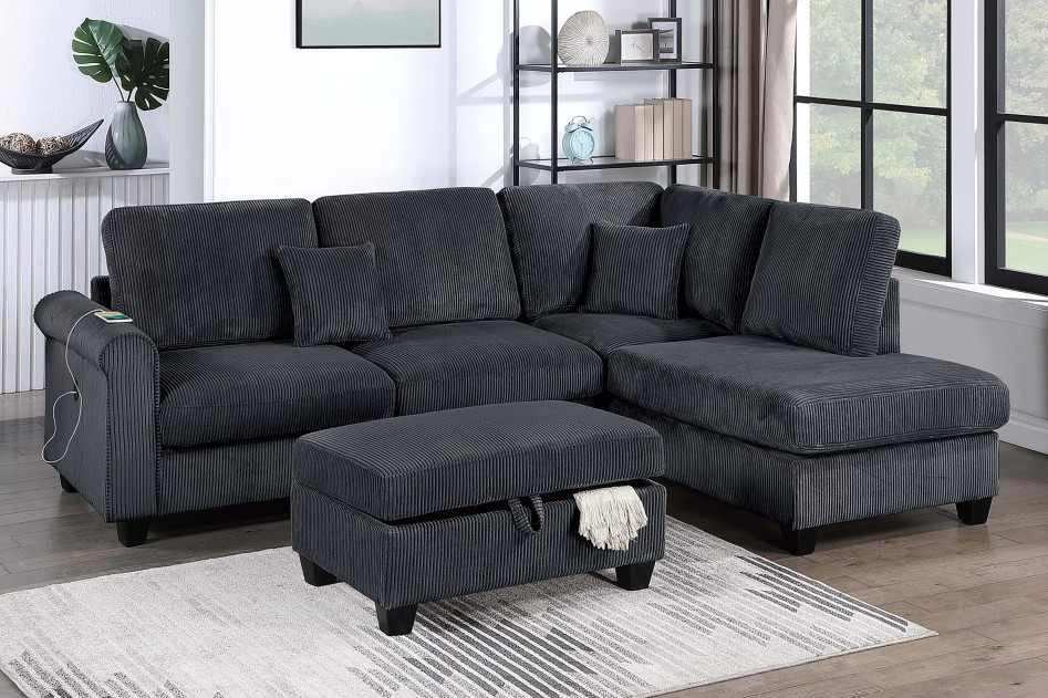 F8300  3-Piece Sectional Black RAF Chaise + LAF Sofa W/ USB Port + Storage Ottoman
