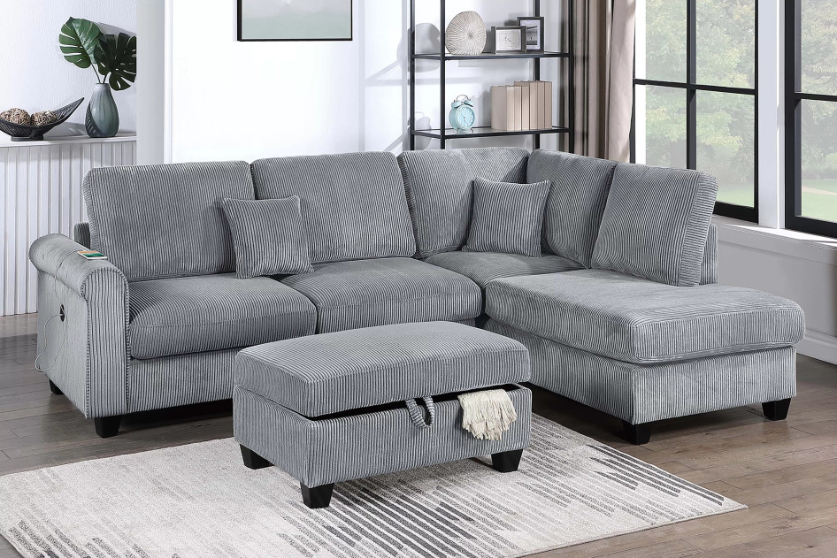 F8301 3-Piece Sectional Fog Color RAF Chaise + LAF Sofa W/ USB Port + Storage Ottoman