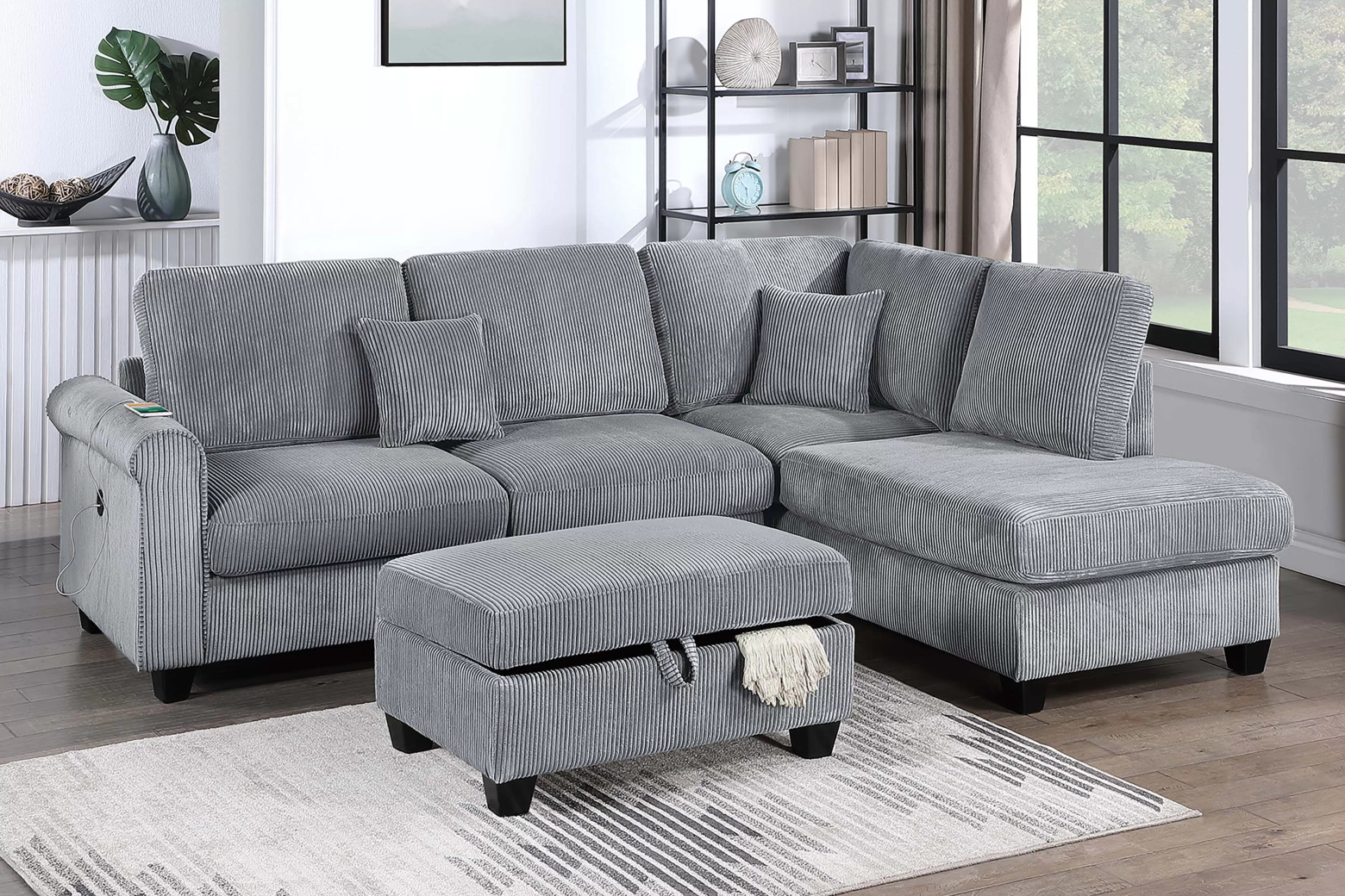 F8301 3-Piece Sectional Fog Color RAF Chaise + LAF Sofa W/ USB Port + Storage Ottoman