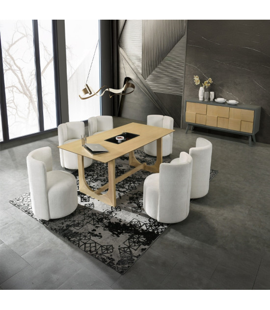 DN02865 Blayde 7-Piece Natural Dining Set with White Chenille Swivel Chairs Contemporary Style by ACME Furniture
