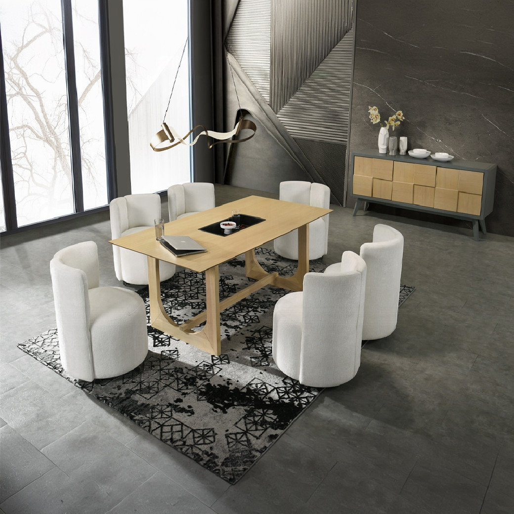 DN02865 Blayde 7-Piece Natural Dining Set with White Chenille Swivel Chairs Contemporary Style by ACME Furniture