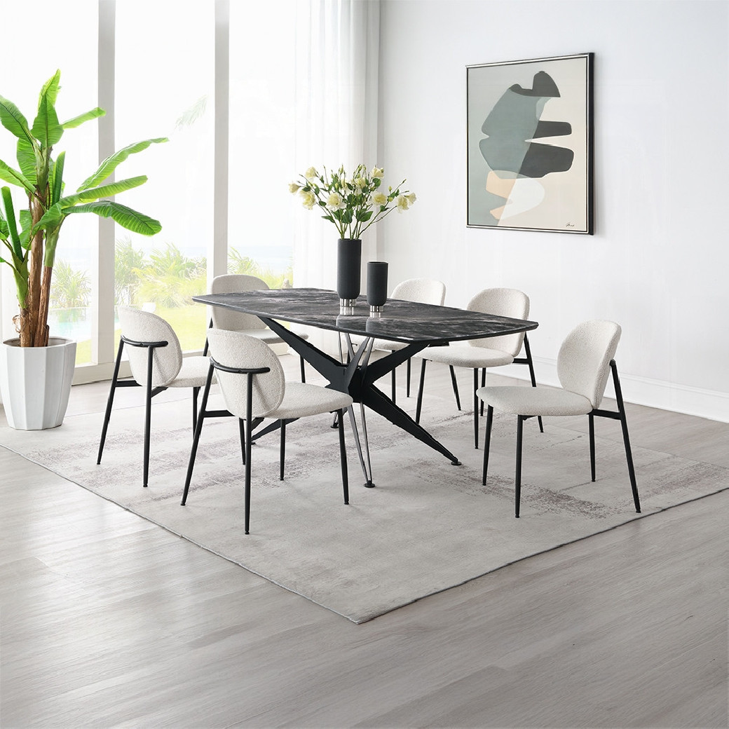 DN03045 Klaus 7-Piece Dining Set with Crystal Glass Top & White Bouclé Chairs by ACME Furniture