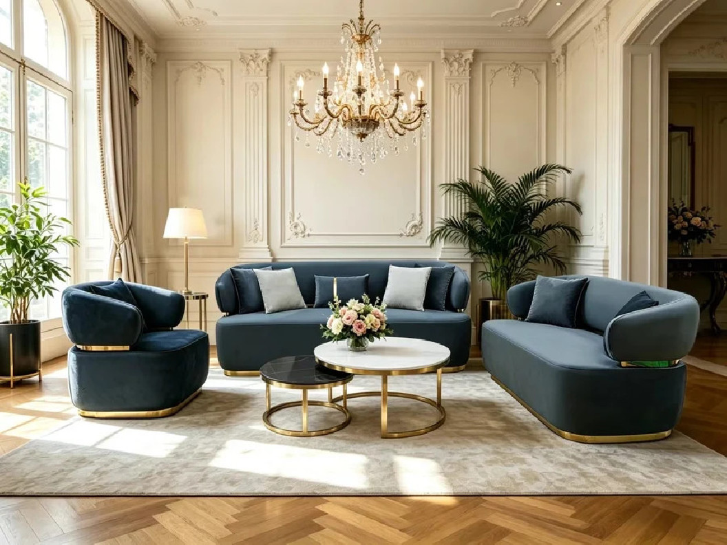 SF589 2-Piece Sofa & Loveseat – Contemporary Glam Style in Gray Fabric with Gold Trim by McFerran Furnishings