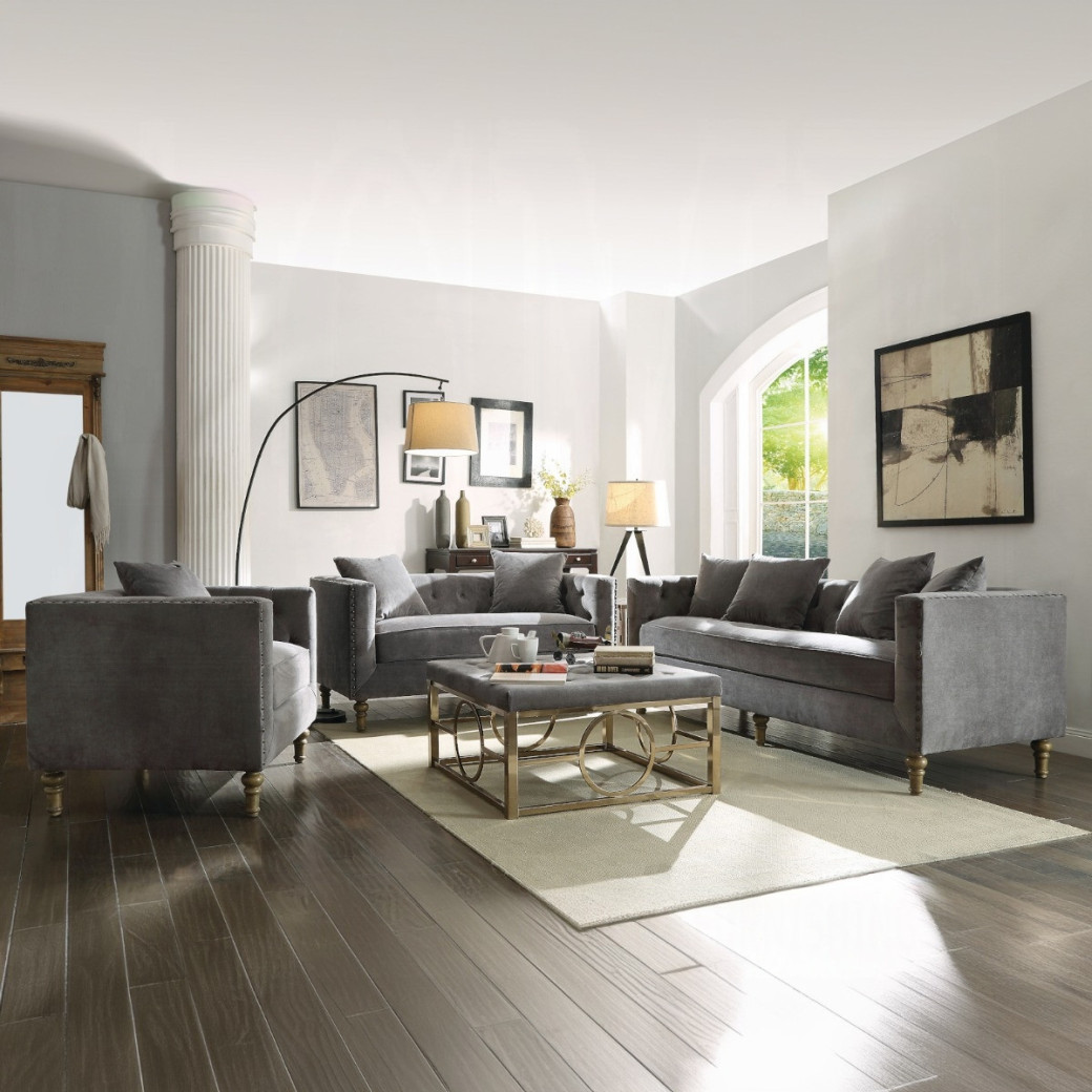53581 Sidonia 2-Piece Loveseat & Chair – Mid-Century Modern Style in Gray Velvet by ACME Furniture