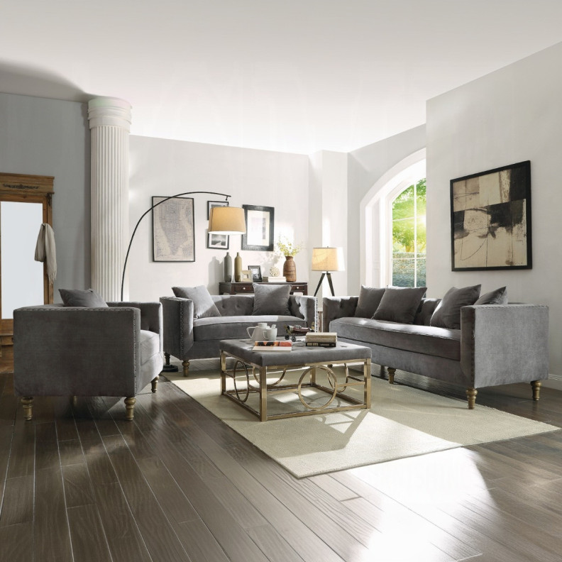 53581 Sidonia 2-Piece Loveseat & Chair – Mid-Century Modern Style in Gray Velvet by ACME Furniture