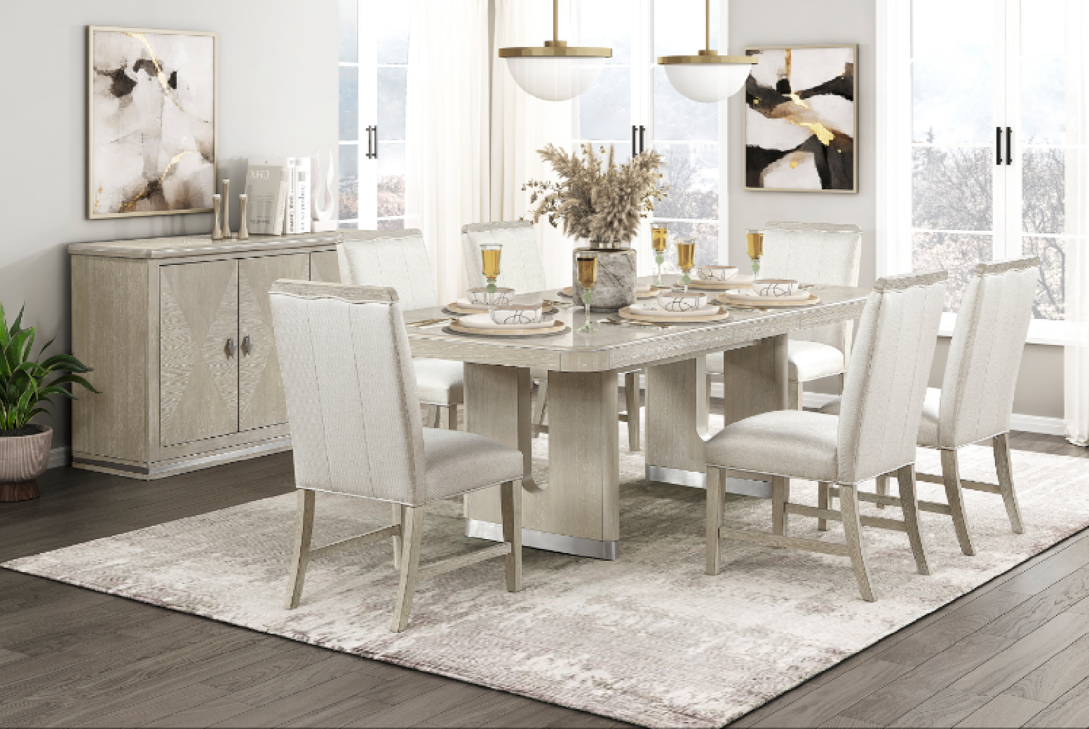 6066NN-84 Clara Collection 7-Piece Dining Set – Contemporary Style, Wire-Brushed Light Gray Finish by Homelegance