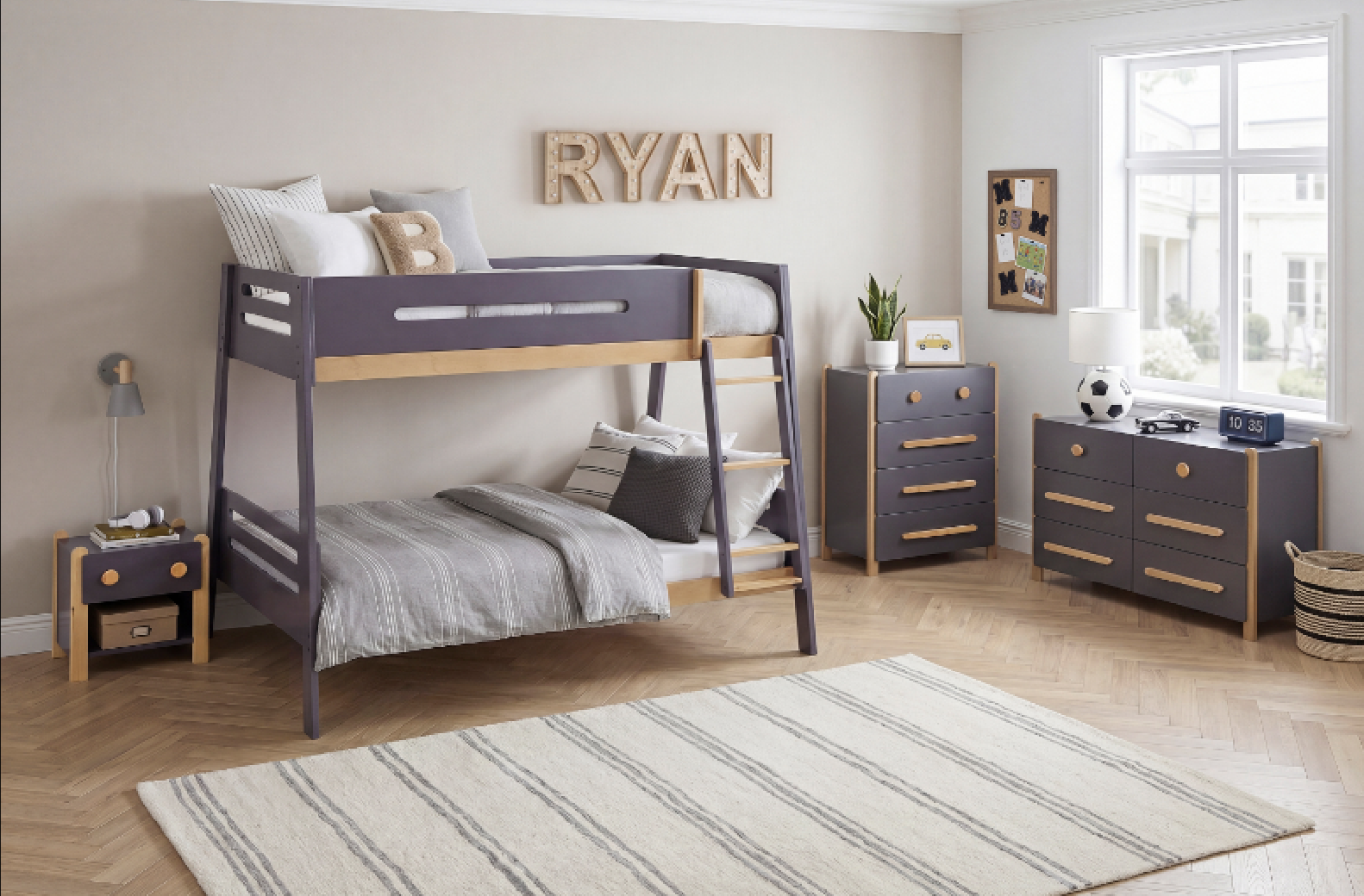 B2046PMTF Koda Twin-over-Full Bunk Bed – Contemporary Style in Plum & Natural Finish by Homelegance