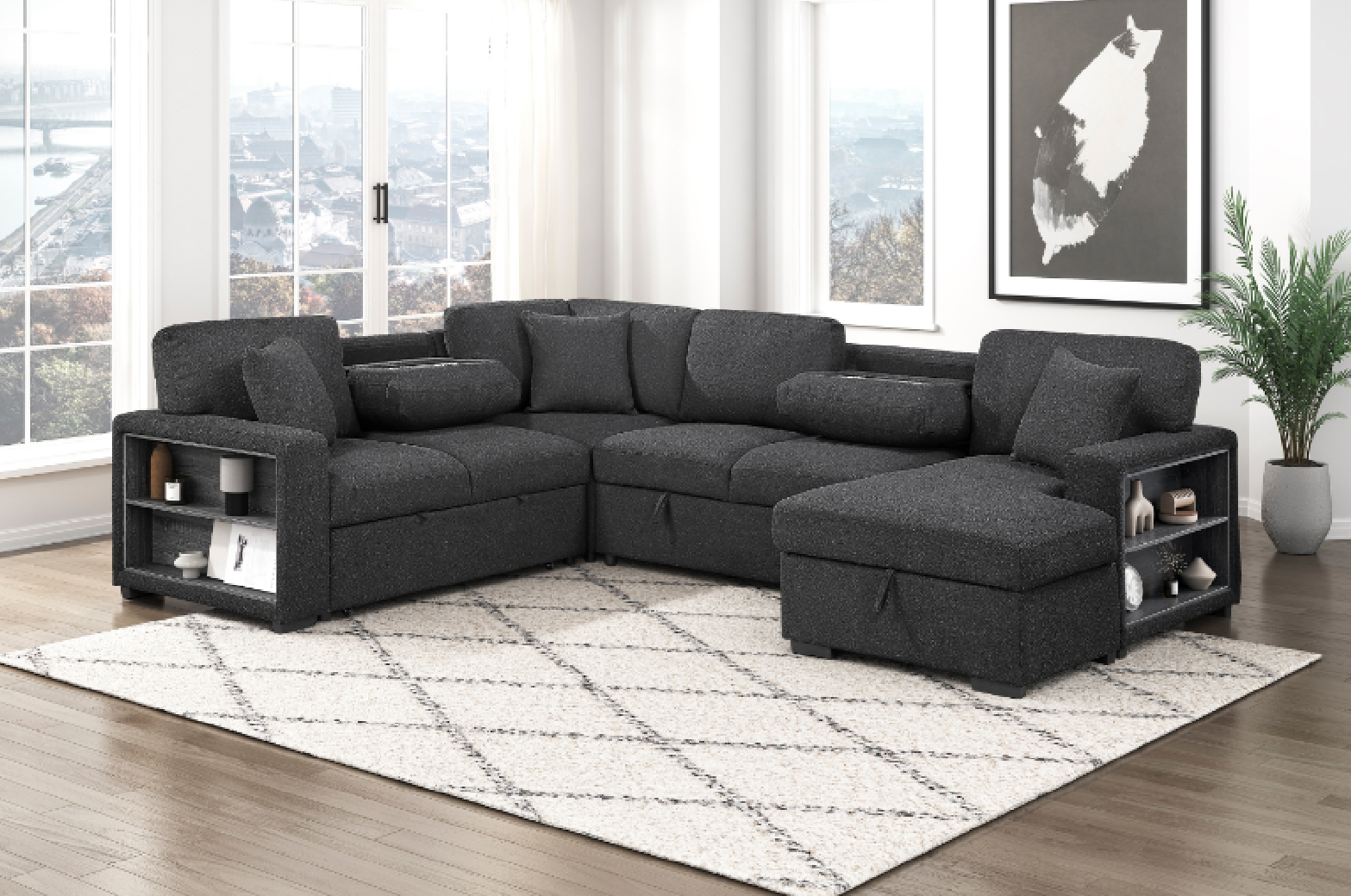 Pompano Black Bouclé Sleeper Sectional | Homelegance | Phoenix AZ