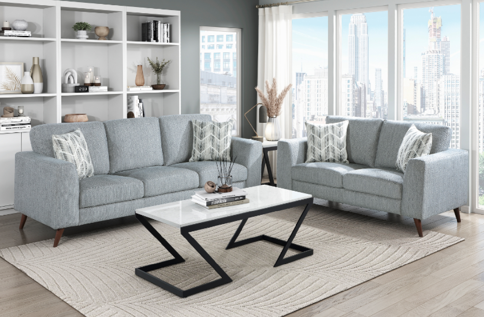 9644BGY Broadway 2-Piece Sofa & Loveseat – Mid-Century Modern Style in Blue-Gray Chenille by Homelegance