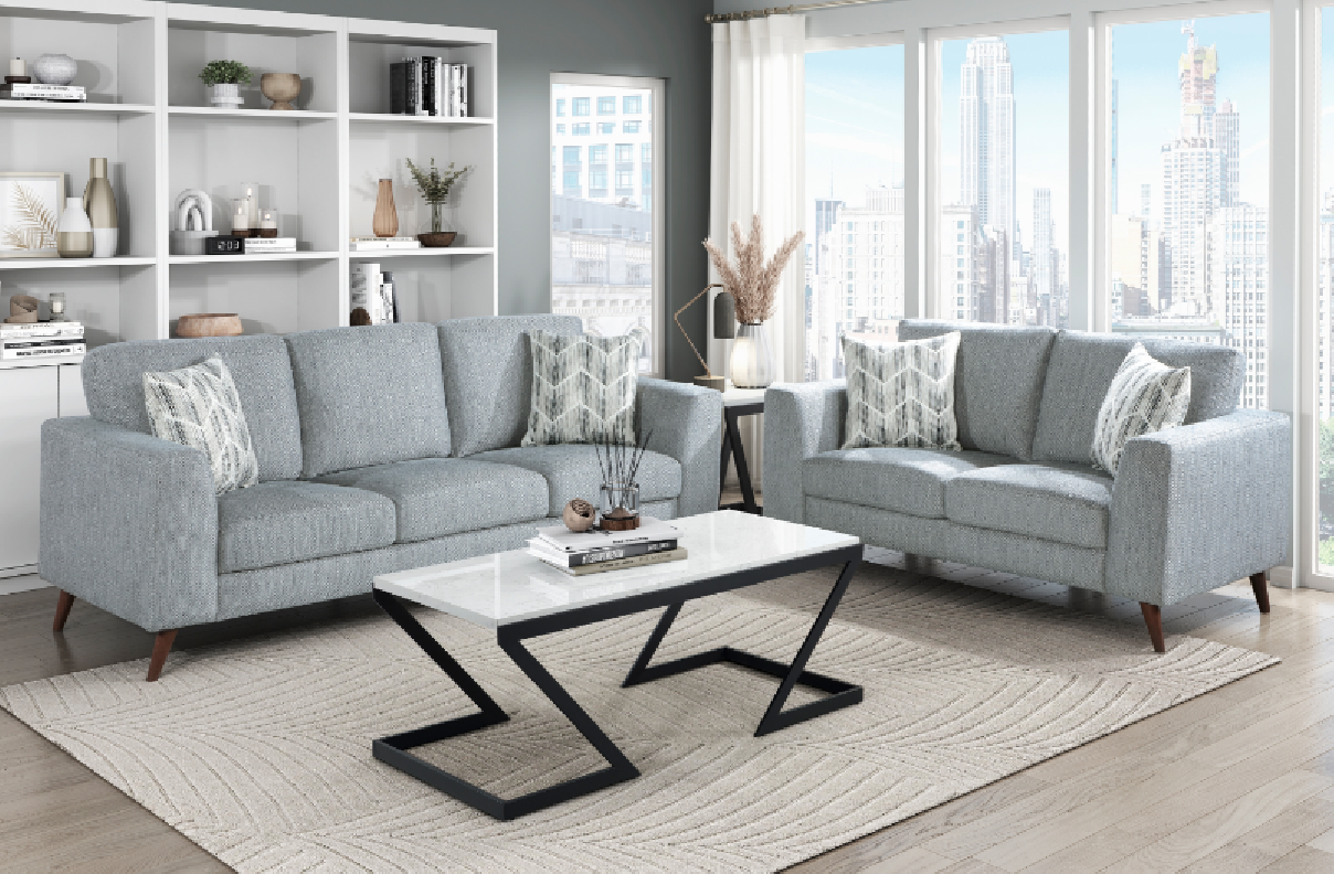 9644BGY Broadway 2-Piece Sofa & Loveseat – Mid-Century Modern Style in Blue-Gray Chenille by Homelegance
